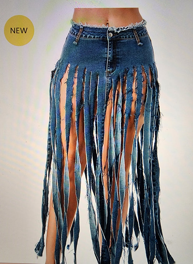 FRINGE DENIM SKIRT